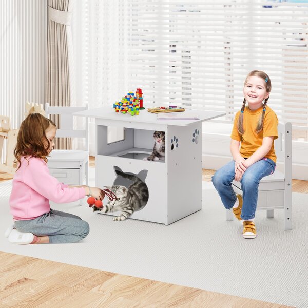 Costway Tavolo per bambini set di 3 pezzi composto da tavolo e sedie, Tavolo per bambini arredamento in legno con casetta per gatti Bianco