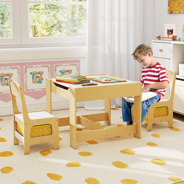 Costway Set tavolo con 2 sedie per bambini in legno, Set di 3 pezzi mobili per bimbi 62x62x48cm Giallo