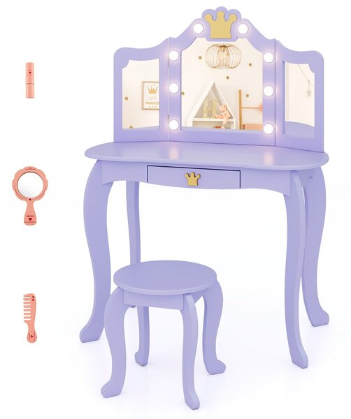 Costway Set da trucco per bambini con specchio illuminato, Set da trucco con tavolo e sedia con specchio Viola