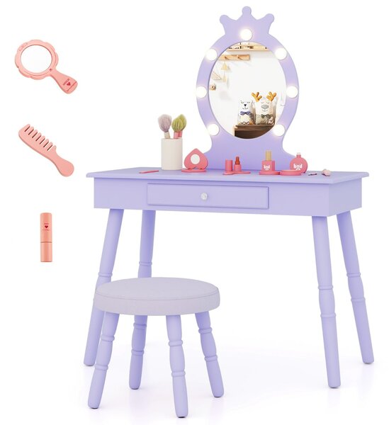 Costway Set da trucco per bambini con specchio illuminato, Set di trucco per principesse con tavolo e sedia regolabili Viola