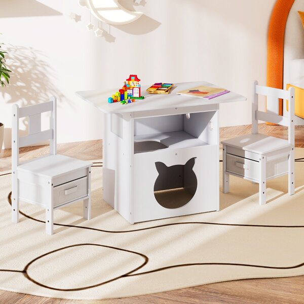 Costway Tavolo per bambini set di 3 pezzi composto da tavolo e sedie, Tavolo per bambini arredamento in legno con casetta per gatti Bianco