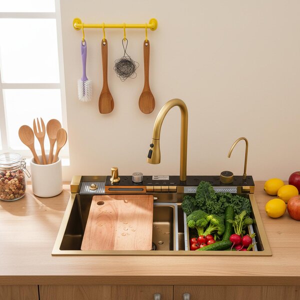 Rubinetto da cucina a cascata multifunzione, dorato, estraibile, in acciaio inossidabile, con schermo LCD