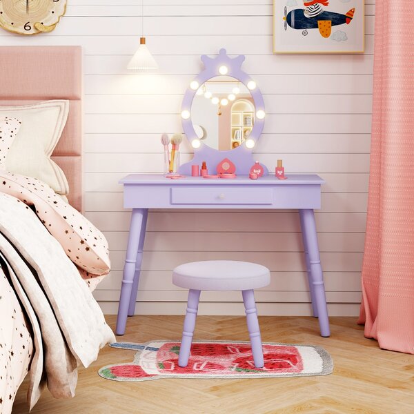 Costway Set da trucco per bambini con specchio illuminato, Set di trucco per principesse con tavolo e sedia regolabili Viola