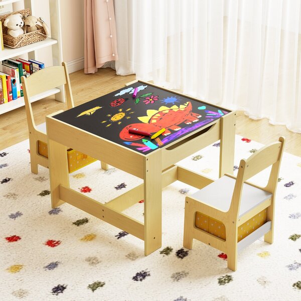 Costway Set tavolo con 2 sedie per bambini in legno, Set di 3 pezzi mobili per bimbi 62x62x48cm Giallo