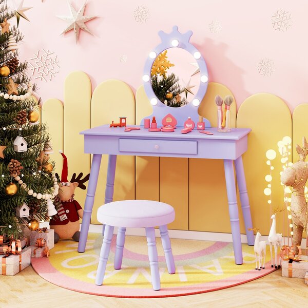 Costway Set da trucco per bambini con specchio illuminato, Set di trucco per principesse con tavolo e sedia regolabili Viola
