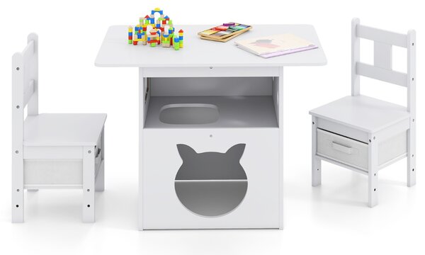 Costway Tavolo per bambini set di 3 pezzi composto da tavolo e sedie, Tavolo per bambini arredamento in legno con casetta per gatti Bianco