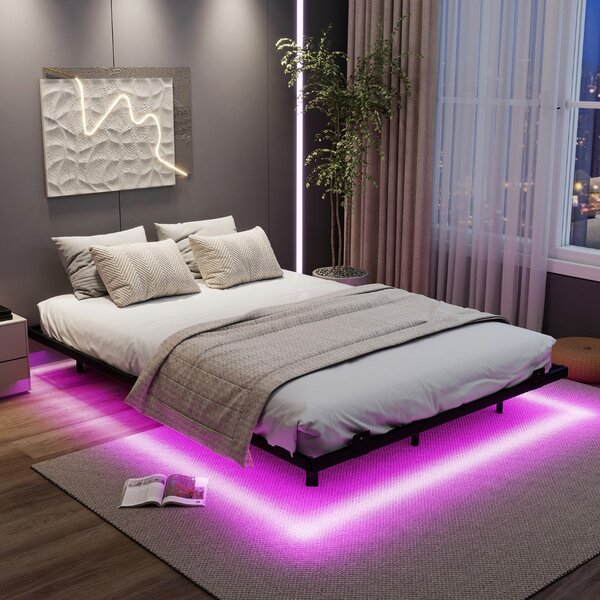 Costway Telaio letto piattaforma in metallo con fissaggio per materasso, Letto con luci led doppia dimensione