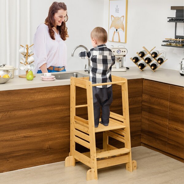 Costway Torre per bambini in piedi da cucina in bambù per bambini con altezza regolabile, Torre protezioni di sicurezza