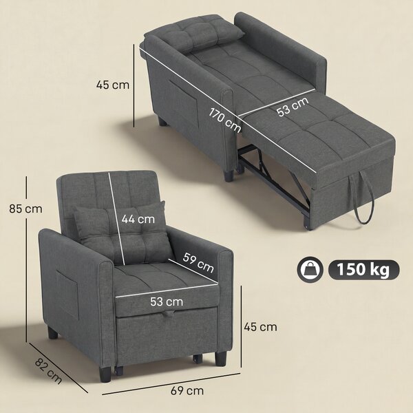HOMCOM Poltrona Letto Singolo 3 in 1 in Tessuto Effetto Lino e Legno con Schienale Reclinabile, Cuscino, Tasche, Grigio | Aosom Italy