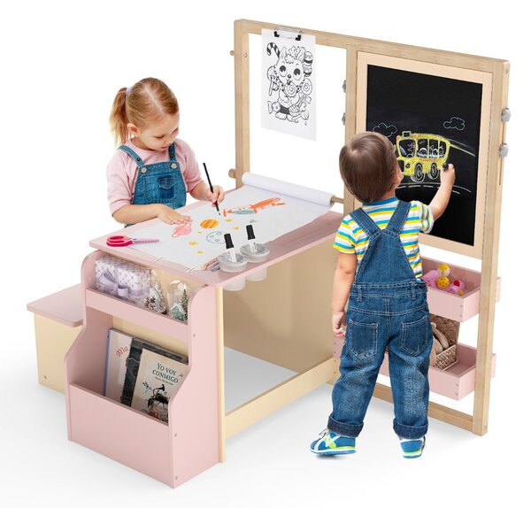 Costway Set tavolo e panca per bambini con cavalletto regolabile a doppia faccia, Centro artistico in legno 114x81x100cm Rosa