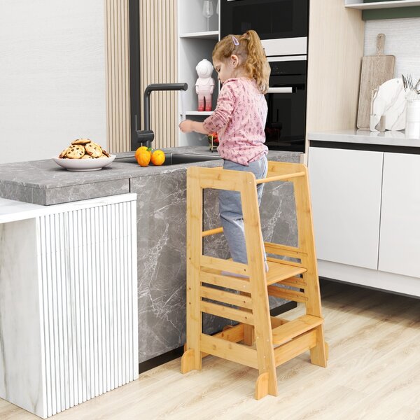 Costway Torre per bambini in piedi da cucina in bambù per bambini con altezza regolabile, Torre protezioni di sicurezza