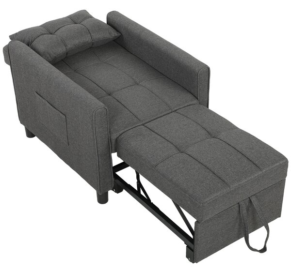 HOMCOM Poltrona Letto Singolo 3 in 1 in Tessuto Effetto Lino e Legno con Schienale Reclinabile, Cuscino, Tasche, Grigio | Aosom Italy