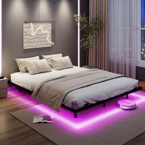 Costway Telaio letto piattaforma in metallo con fissaggio per materasso, Letto con luci led queen dimensione