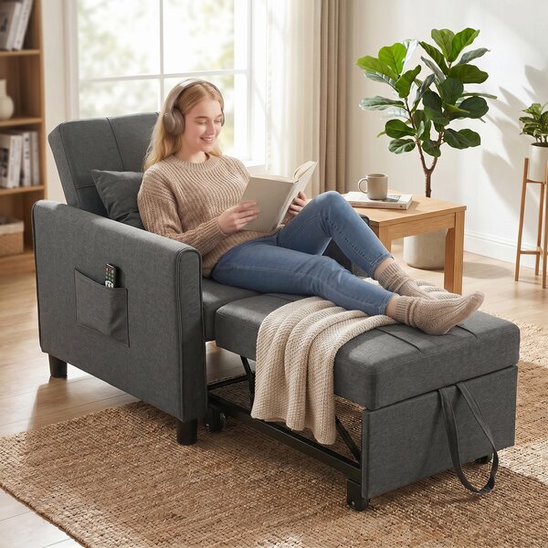HOMCOM Poltrona Letto Singolo 3 in 1 in Tessuto Effetto Lino e Legno con Schienale Reclinabile, Cuscino, Tasche, Grigio | Aosom Italy