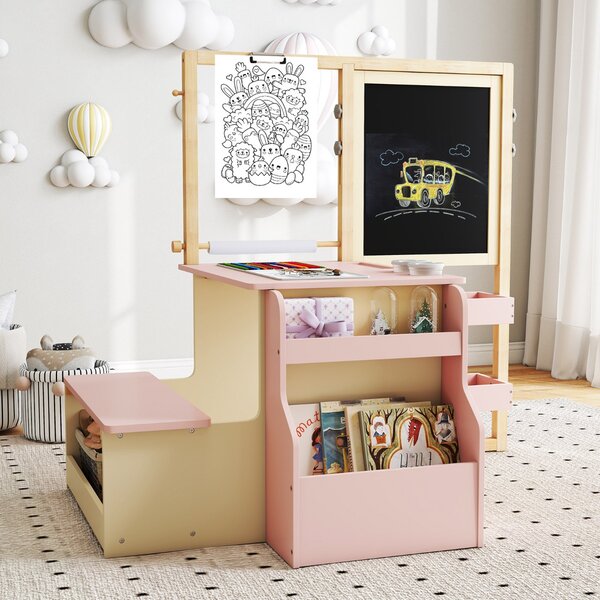 Costway Set tavolo e panca per bambini con cavalletto regolabile a doppia faccia, Centro artistico in legno 114x81x100cm Rosa