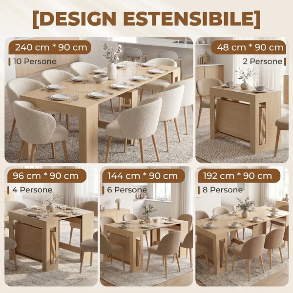 HOMCOM Tavolo Consolle Estendibile con 5 Lunghezze Regolabili per 10 Persone, Stile Moderno Minimalista, Effetto Legno Chiaro | Aosom Italy