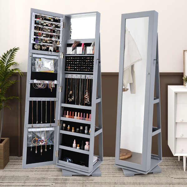 Costway Armadio portagioielli girevole a 360° con specchio, Organizer gioielli 2 in 1 a figura intera Grigio chiaro