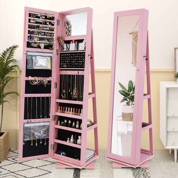 Costway Armadio portagioielli girevole a 360° con specchio, Organizer gioielli 2 in 1 a figura intera Rosa