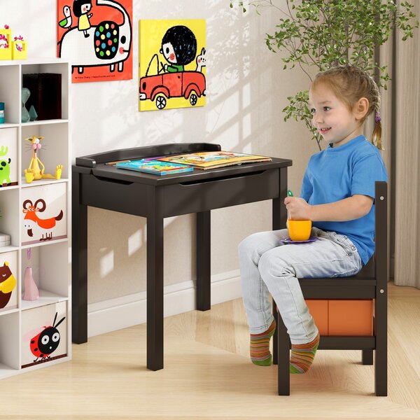 Costway Set tavolo e sedia per bambini in legno massello, Scrivania ribaltabile con sedia per stanza giochi asilo Caffè