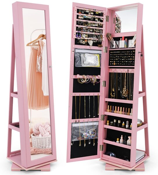 Costway Armadio portagioielli girevole a 360° con specchio, Organizer gioielli 2 in 1 a figura intera Rosa