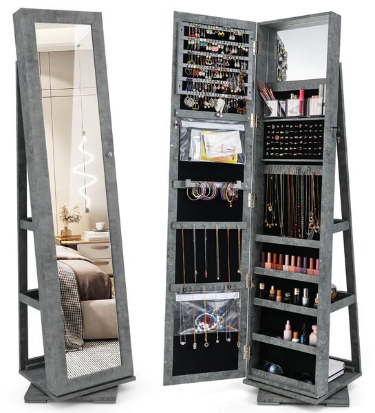 Costway Armadio portagioielli girevole a 360° con specchio, Organizer gioielli 2 in 1 a figura intera Grigio