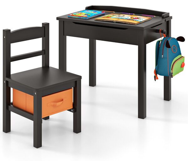 Costway Set tavolo e sedia per bambini in legno massello, Scrivania ribaltabile con sedia per stanza giochi asilo Caffè
