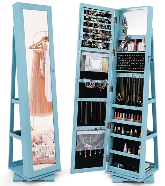Costway Armadio portagioielli girevole a 360° con specchio, Organizer gioielli 2 in 1 a figura intera Blu