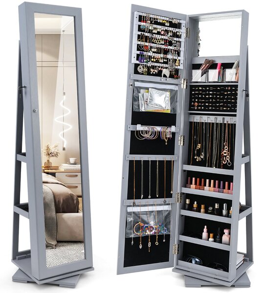 Costway Armadio portagioielli girevole a 360° con specchio, Organizer gioielli 2 in 1 a figura intera Grigio chiaro