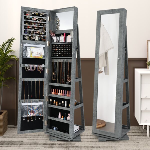 Costway Armadio portagioielli girevole a 360° con specchio, Organizer gioielli 2 in 1 a figura intera Grigio