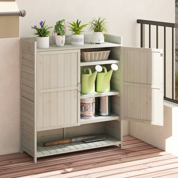 Costway Mobile in legno massello per patio con ripiani rimovibili e 2 ante, Armadio da giardinaggio da esterno con ripostiglio Grigio