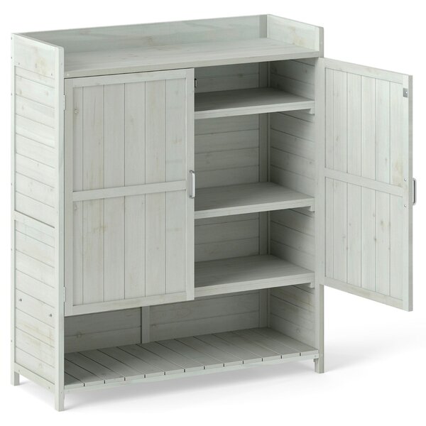 Costway Mobile in legno massello per patio con ripiani rimovibili e 2 ante, Armadio da giardinaggio da esterno con ripostiglio Grigio