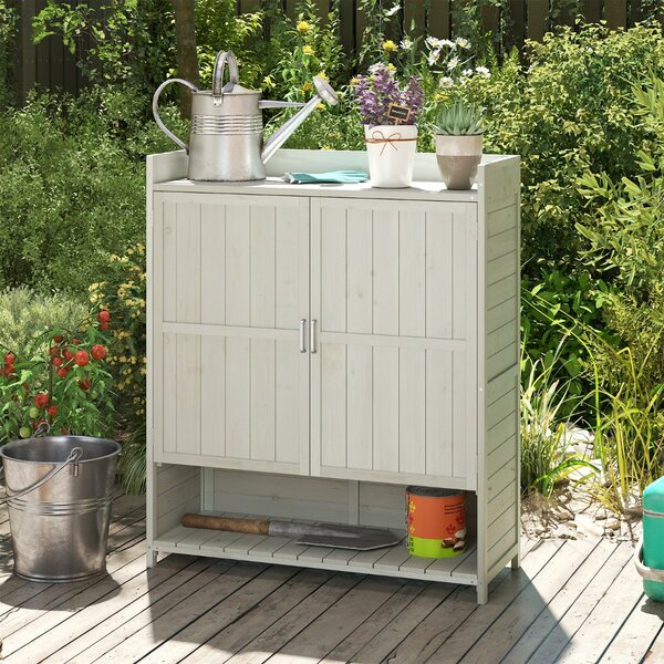 Costway Mobile in legno massello per patio con ripiani rimovibili e 2 ante, Armadio da giardinaggio da esterno con ripostiglio Grigio