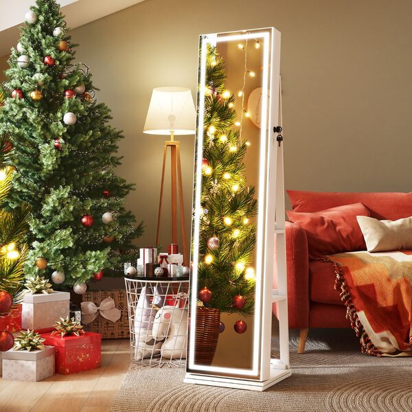 Costway Armadio porta gioielli girevole a 360° con specchio a figura intera e scaffali posteriori, Armadioper camera da letto Bianco