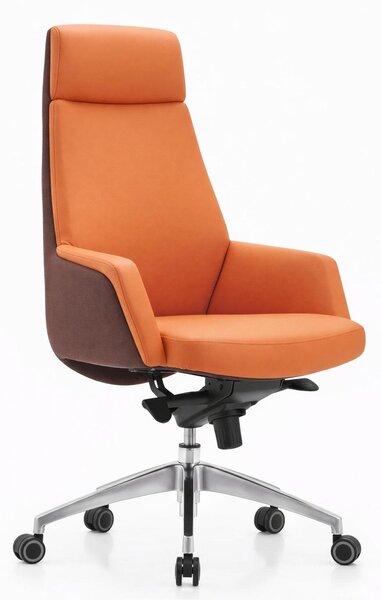 Poltrona da ufficio ergonomica, nei colori arancione e marrone, con struttura in alluminio