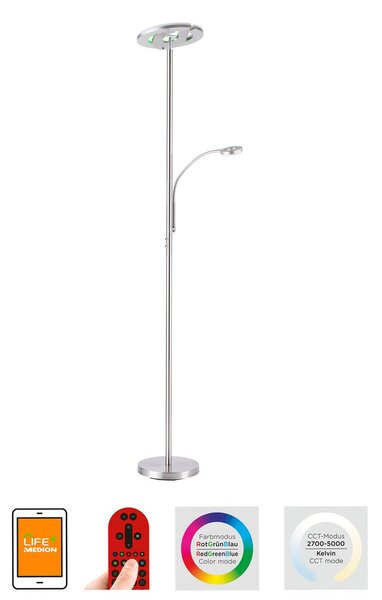 LOLA Smart Lampada a LED da pavimento LOLAsmart Rocco con braccio di lettura Rocco, dimmerabile, Alluminio / Grigio / Zincato, Soggiorno / Sala da pranzo, Metallo, Moderno