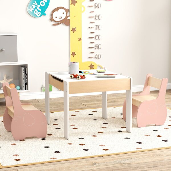 Costway Tavolo sedie ragazzi lavagna rimovibile e scaffale bambini legno 2 livelli, Set tavolo sedie bambini e libreria legno bambini
