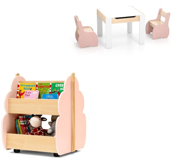 Costway Tavolo sedie ragazzi lavagna rimovibile e scaffale bambini legno 2 livelli, Set tavolo sedie bambini e libreria legno bambini