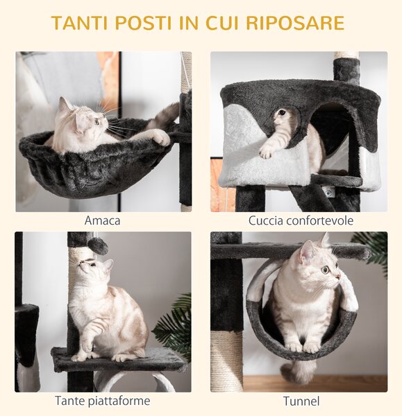 PawHut Tiragraffi a Soffitto Multilivello 240-260cm con Cucce, Amache e Scale, Corde in Sisal, Grigio Scuro e Bianco|Aosom