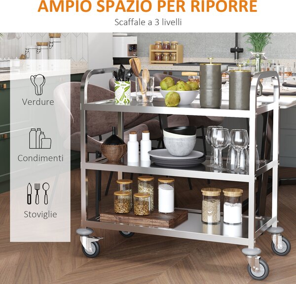 HOMCOM Carrello da Cucina 3 Ripiani e 4 Ruote con Freni Cuscinetti Anti-Collisione in Acciaio Inossidabile 430 Argento 85x45x90cm|Aosom