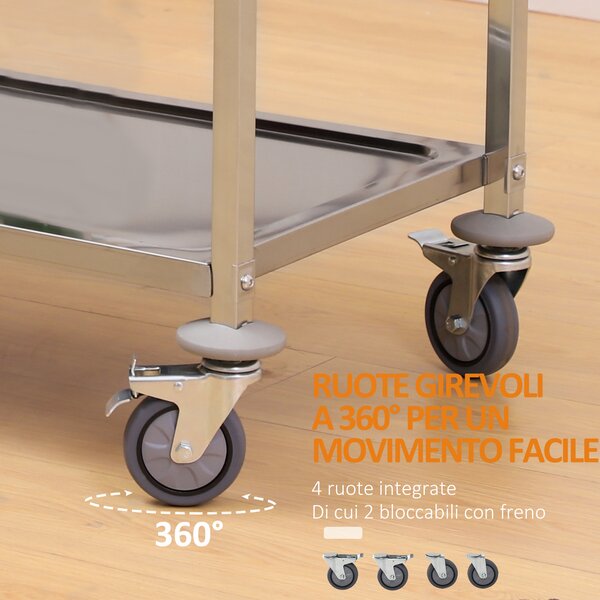 HOMCOM Carrello da Cucina 3 Ripiani e 4 Ruote con Freni Cuscinetti Anti-Collisione in Acciaio Inossidabile 430 Argento 85x45x90cm|Aosom