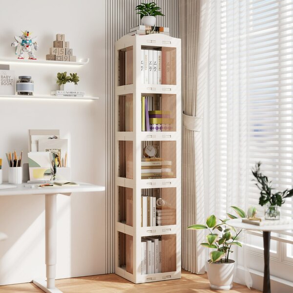 Costway Libreria girevole pieghevole a 5 livelli per soggiorno e studio, Scaffale girevole a 360° con base rotante per esposizione Bianco
