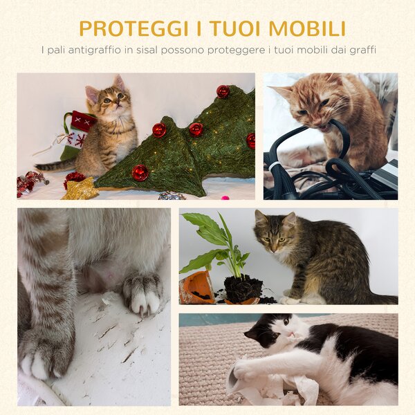 PawHut Albero Tiragraffi per Gatti con Cuccia e Colonna In Sisal con Giocattoli sospesi Stabili Altezza 147 cm|Aosom