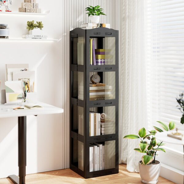 Costway Libreria girevole pieghevole a 4 livelli per soggiorno e studio, Scaffale girevole a 360° con base rotante per esposizione Nero