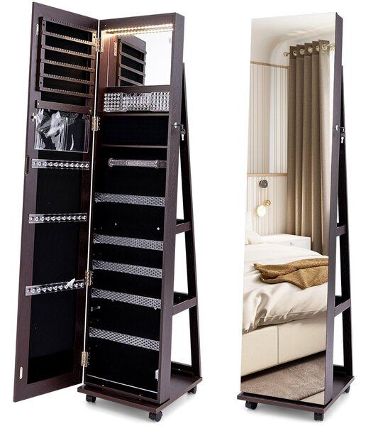 Costway Armadio portagioie bloccabile con specchio trucco luci LED a 3 colori ripiani regolabili, Armadietto portagioie Marrone scuro