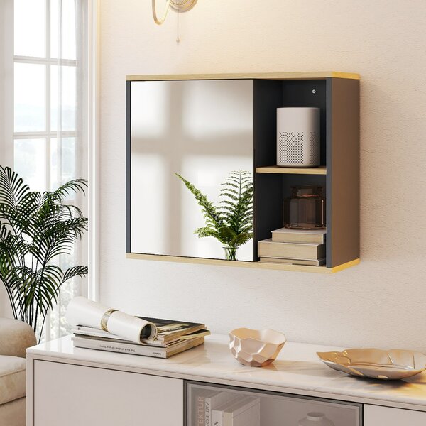 Costway Mobile da parete per bagno con porta specchiata e ripiano regolabile, Armadio per medicina con specchio per soggiorno Grigio