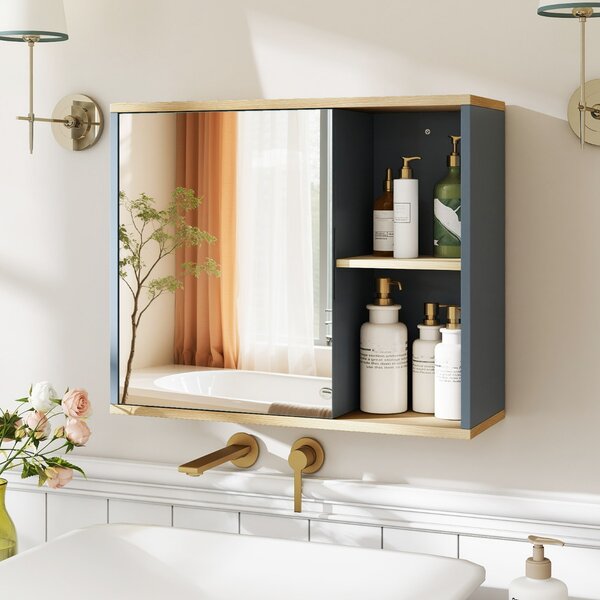 Costway Mobile da parete per bagno con porta specchiata e ripiano regolabile, Armadio per medicina con specchio per soggiorno Grigio