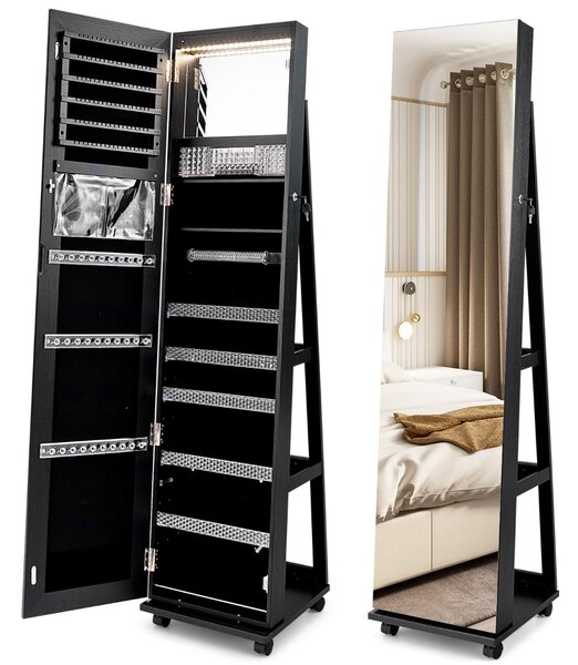 Costway Armadio portagioie bloccabile con specchio trucco luci LED a 3 colori ripiani regolabili, Armadietto portagioie Nero