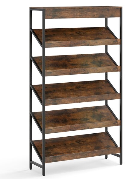 Costway Libreria a 6 ripiani scaffale inclinato con struttura metallica robusta, Libreria porta giornali industriale in legno Marrone rustico