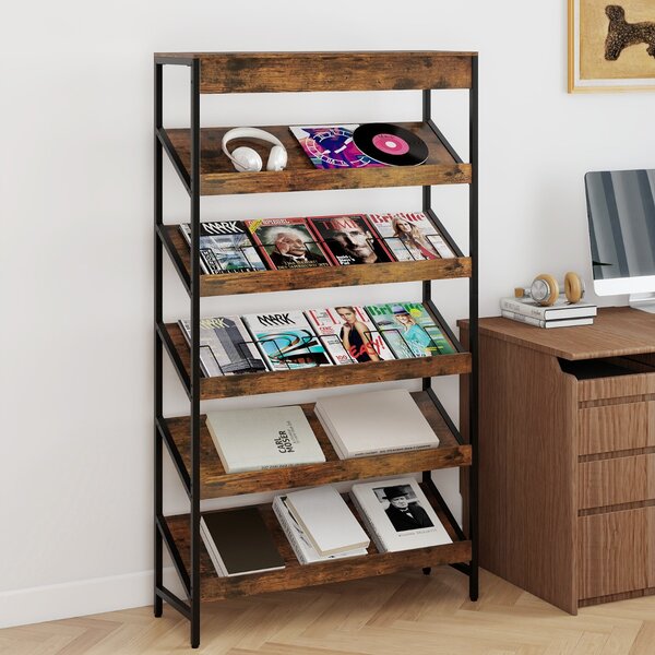 Costway Libreria a 6 ripiani scaffale inclinato con struttura metallica robusta, Libreria porta giornali industriale in legno Marrone rustico