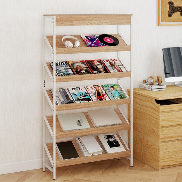 Costway Libreria a 6 ripiani scaffale inclinato con struttura metallica robusta, Libreria porta giornali industriale Legno naturale
